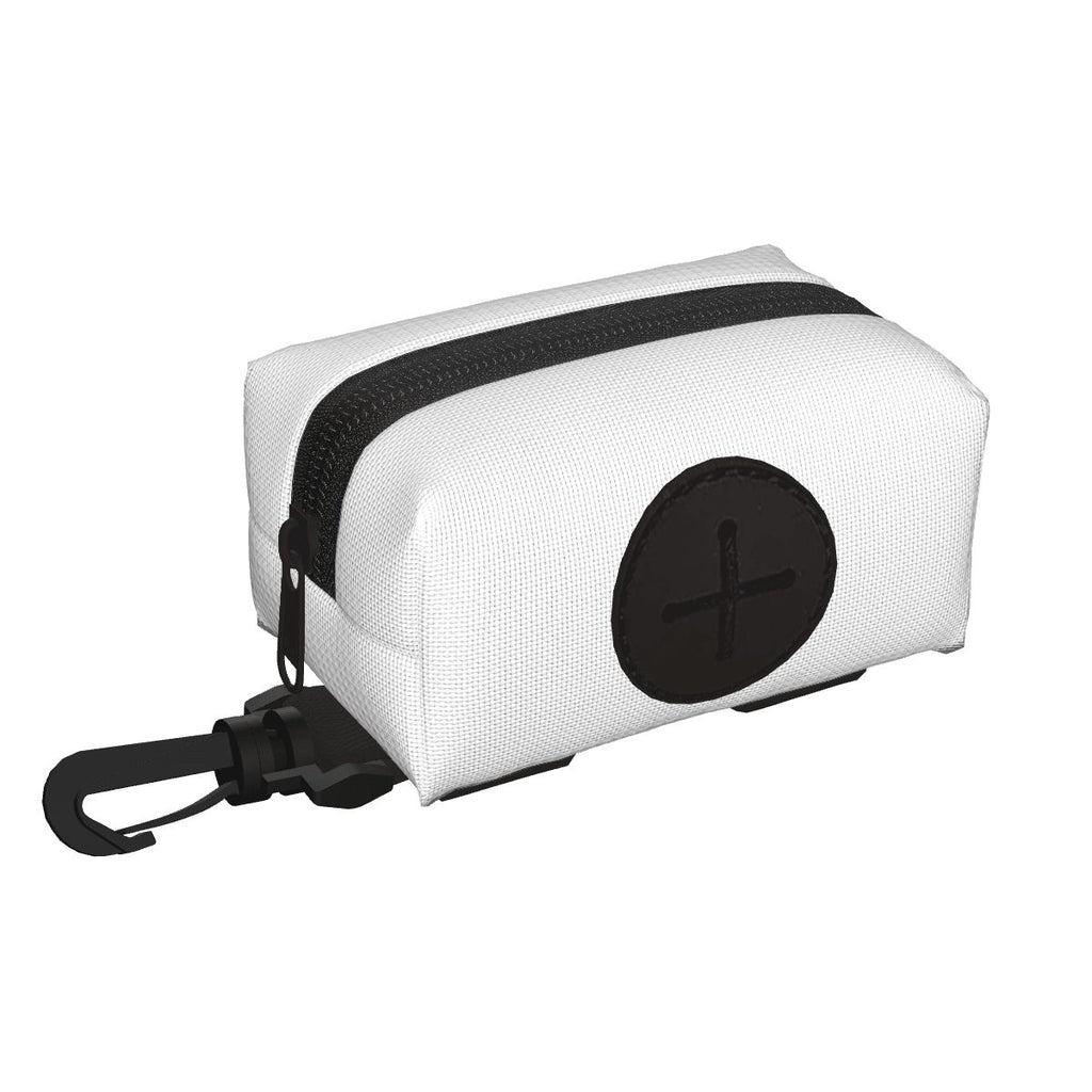 White personalized pet waste bag pouch with black zipper and swivel clip