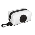 White personalized pet waste bag pouch with black zipper and swivel clip